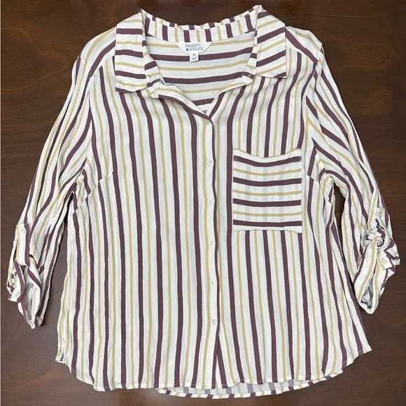 Market & Spruce Multicolor Striped Button-Down Shirt. Burgundy and mustard color - Picture 1 of 6